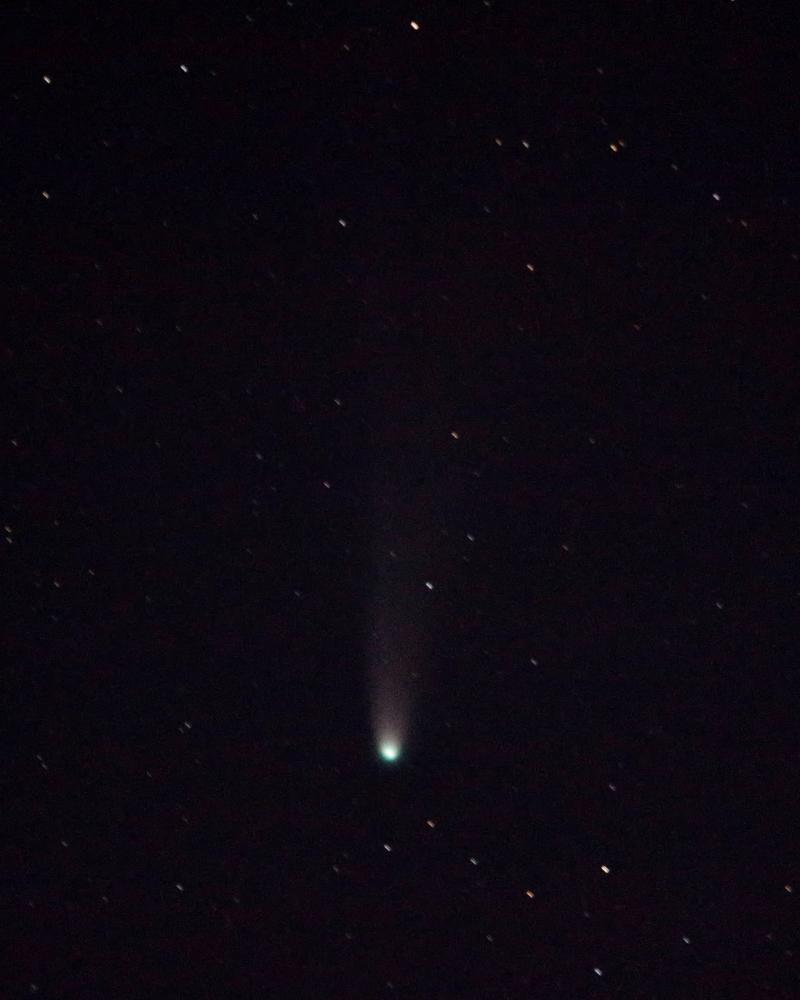 Comète à la chevelure verte et à la longue queue pâle, au milieu d’un ciel noir parsemé d’étoiles
