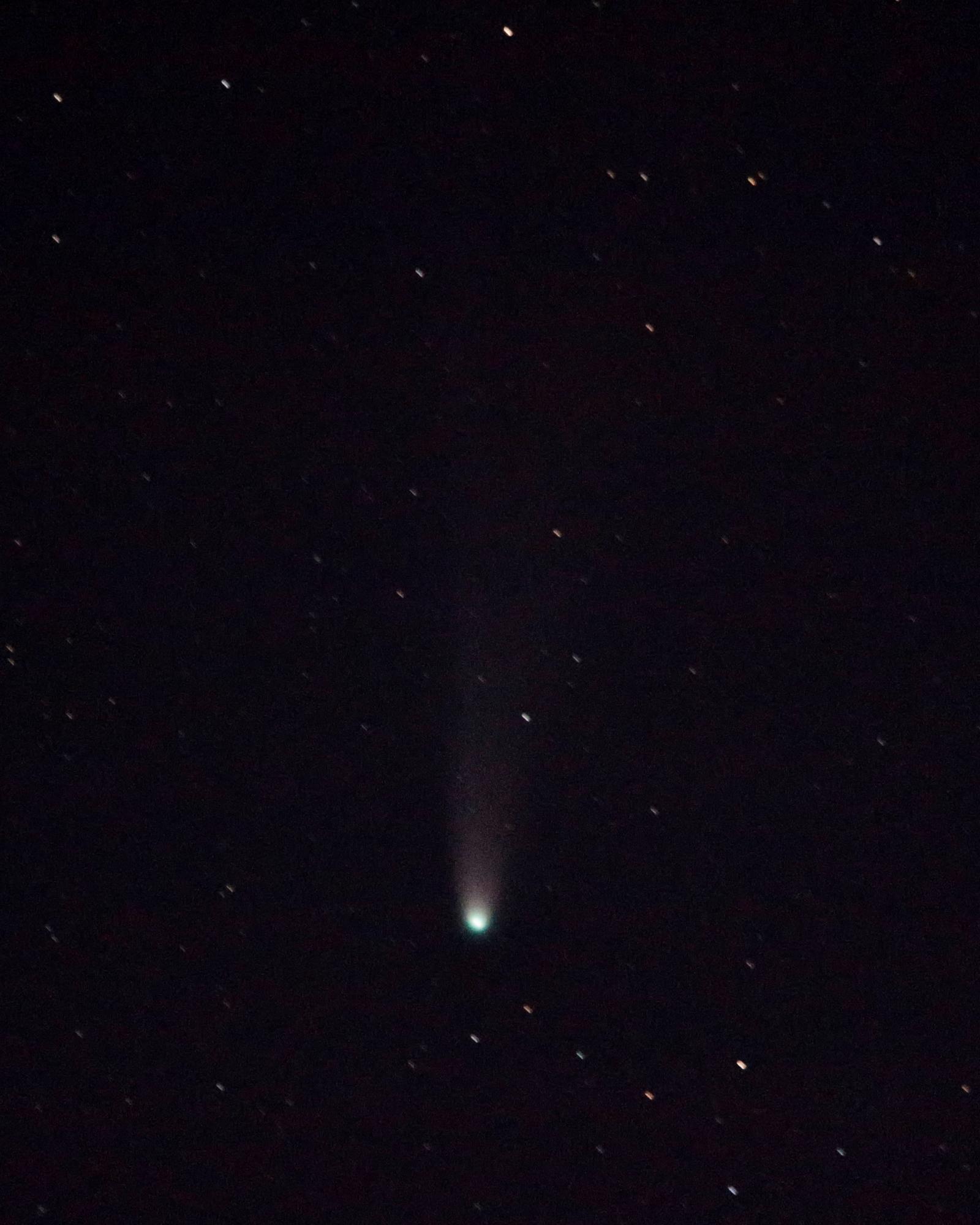 Comète à la chevelure verte et à la longue queue pâle, au milieu d’un ciel noir parsemé d’étoiles