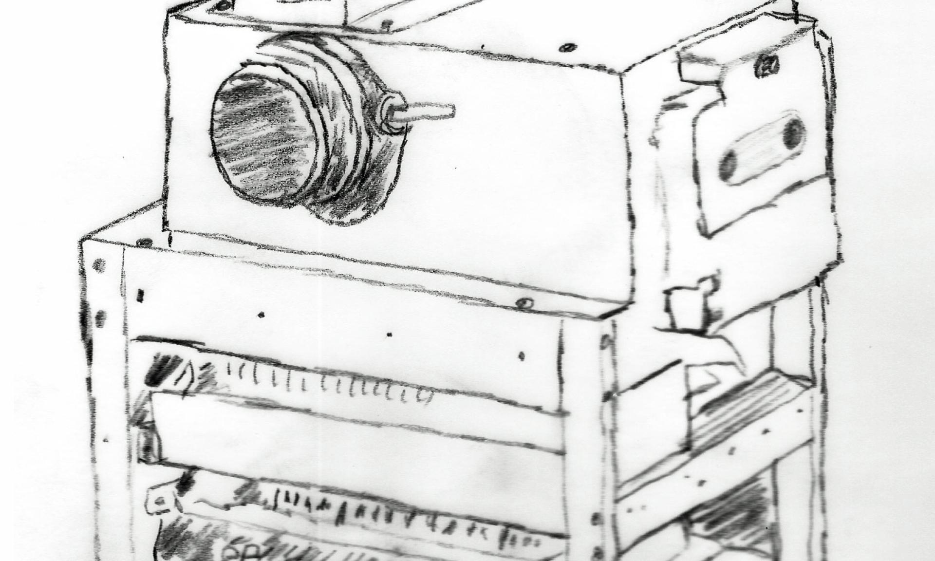 Dessin au trait d’un appareil photo en forme de boîte, avec un objectif sur le dessus et des circuits électroniques visibles.